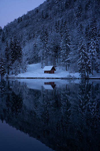 Winter, lake, house, evening, nature HD phone wallpaper