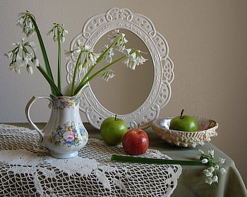 The Quiet Moment of Spring, still life, apples, vase, flowers, spring HD wallpaper