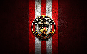 Sligo Rovers FC, golden logo, League of Ireland Premier Division, red metal background, football, irish football club, Sligo Rovers FC logo, soccer, FC Sligo Rovers HD wallpaper