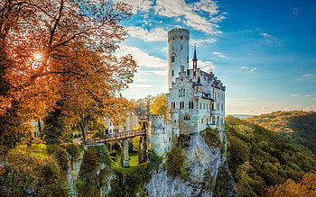 Castle Liechtenstein, Germany, landscape, trees, autumn, building, mountains HD wallpaper