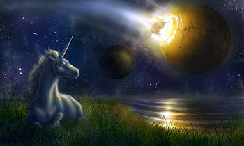 Fantasy, Planets, Universe, Night, Unicorn, Collision HD wallpaper