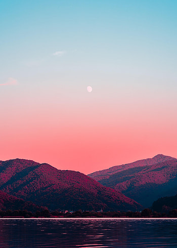 Nature, Moon, Dawn, Mountain, Lake HD phone wallpaper