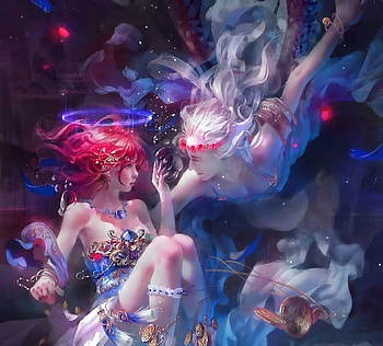 Fantasy couple, blue, art, man, girl, summer, pink, fantasy, couple, underwater, luminos, water, guy HD wallpaper