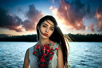 Blues, blue, sea, beautiful, flowers, girl HD wallpaper