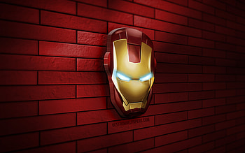 Iron Man 3D logo, , red brickwall, IronMan, creative, superheroes, Iron Man logo, 3D art, Iron Man HD wallpaper