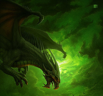 Dragon, green, kerem beyit, night, shadow, fantasy, luminos HD wallpaper