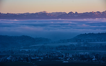 Winter, Nature, Sky, Mountains, Twilight, Fog, Dusk, Switzerland HD wallpaper
