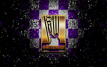 BG Gottingen, glitter logo, BBL, violet white checkered background, basketball, german basketball club, BG Gottingen logo, mosaic art, Basketball Bundesliga HD wallpaper