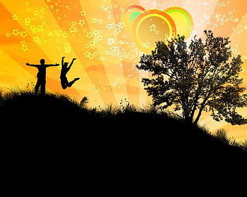 Elated, rainbow, man, sky, orange, woman, tree HD wallpaper