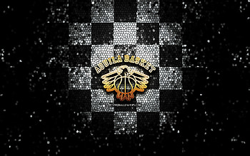 Aquila Basket Trento, glitter logo, LBA, white black checkered background, basketball, italian basketball club, Aquila Basket Trento logo, mosaic art, Lega Basket Serie A, Dolomiti Energia Trento HD wallpaper