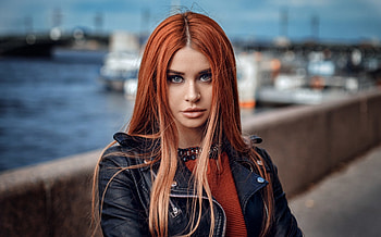 Redhead, leather jacket, girl, model, stare HD wallpaper