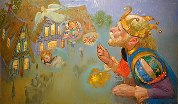 Grandfather's tales, art, crown, painting, tale, fantasy, king, grandfather, pictura, yellow, red, victor nizovtsev, luminos HD wallpaper