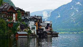 Beautiful Village Houses Greenery Mountain With Fog Lake Nature HD wallpaper