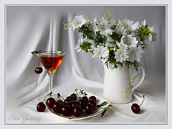 Fruit and flowers, wineglass, cherries, vase, glass, fruit, flowers HD wallpaper