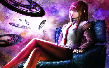 Makise Kurisu, pantyhose, smile, steins gate, stars, pink hair, purple eyes HD wallpaper