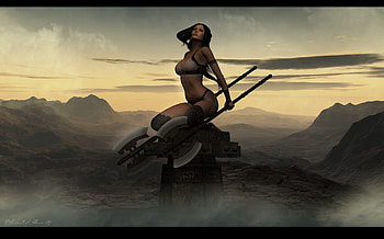 beautiful warrior, hot, cgi, mountain, babe, fantasy, weapon, view, sky, warrior, sunset HD wallpaper