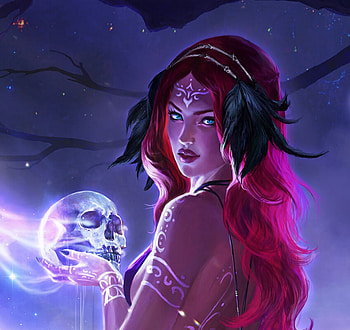 Witch, blue, bones, skull, girl, fantasy, luminos, redhead, caterina kalymniou HD wallpaper