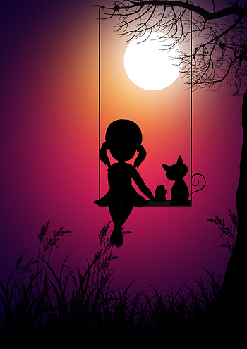 Art, Vector, Cat, Silhouettes, Girl, Swing HD phone wallpaper