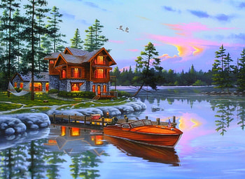 Lake Cottage, Cottage, Boat, Clouds, Sky, Painting HD wallpaper