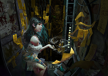 Fantasy girl, fantasy, art, dianti, green, yellow, girl, hymyu chen, frumusete, black, dark HD wallpaper