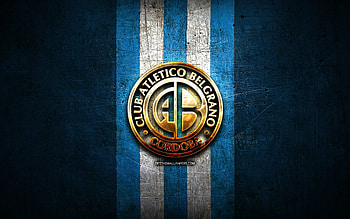 Belgrano FC, golden logo, Primera Nacional, blue metal background, football, argentinian football club, Belgrano logo, soccer, CA Belgrano, Argentina, Club Atletico Belgrano HD wallpaper