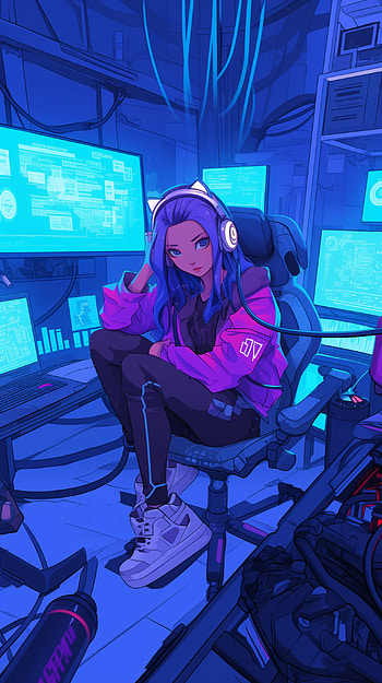 Futuristic Gaming Vibes: Blue Lofi Anime , anime girl, blue anime, lofi HD phone wallpaper