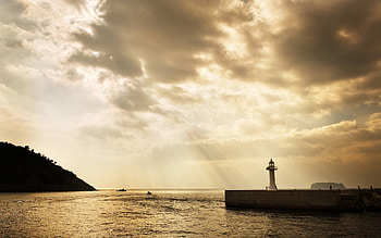 Nature, Water, Sky, Sea, Sun, Rays, Beams, Lighthouse HD wallpaper