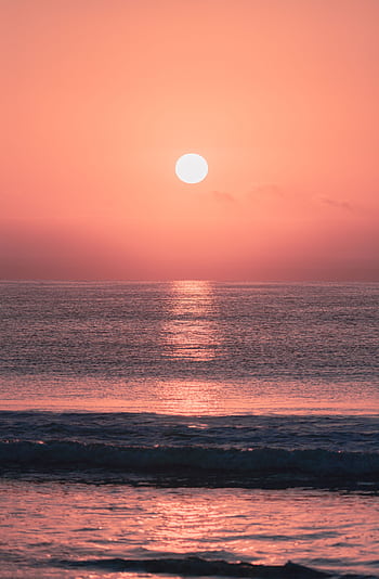 Peaceful sunset over calm ocean with pink and orange hues, reflecting a serene seascape view. HD phone wallpaper