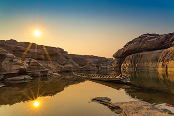 Rocks, boat, water stream, nature HD wallpaper