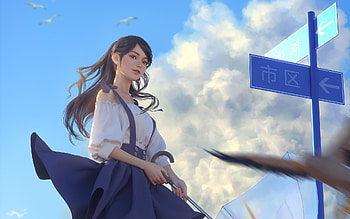 Girl, fantasy, ying lee, blue, white, view from down, cloud HD wallpaper