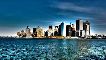view of downtown manhatten, bay, sky, skyscrapers, city HD wallpaper