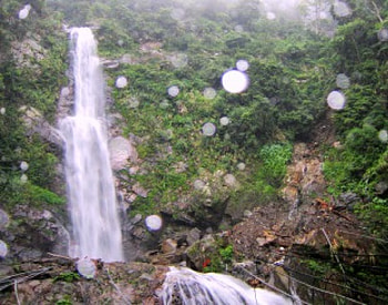 Raining waterfall scene, raining, the raindrops, waterfall, scenery HD wallpaper