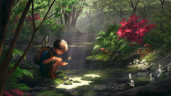 The dragonfly, river, art, copil, fantasy, boy, green, red, dragonfly, luminos, water, forest, child, stream HD wallpaper