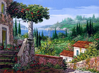 Veiw from door, sea, door, steps, clouds, trees, veiw, sky, flowers HD wallpaper