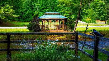 Hidden Valley, Ellijay, Georgia, river, bird, fence, gazebo, trees, flowers, usa HD wallpaper
