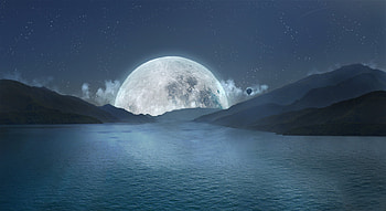 Rising moon, night, blue, white, full, mountain, moon, fantasy, luna, luminos, water HD wallpaper