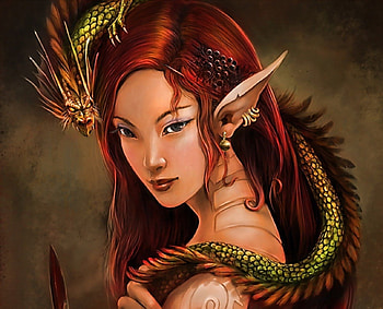Asian Elf, elven, asian, red hair, elf, woman, jewlery, lady, brown, orential, ears, female HD wallpaper