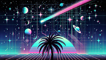 Synthwave Space Odyssey, astronomy, retro, space, planet, palm tree HD wallpaper