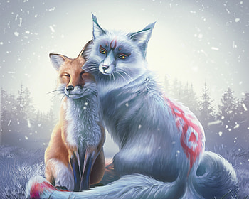 Foxes, winter, art, vuple, fox, fantasy, iarna, couple, into the bear, intothebear HD wallpaper