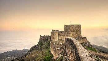 mountaintop medieval ruins, fog, ruins, clouds, medieval, mountain HD wallpaper