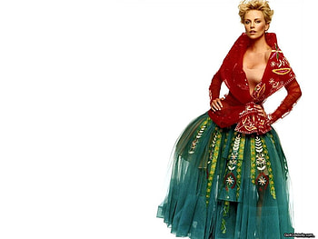 Charlize Theron, nice dress, blonde, pretty, green, red, actress, female HD wallpaper