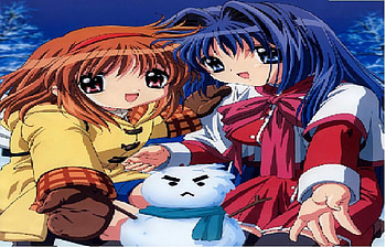 Kanon SnowAngels, blue, snowman, kanon, anime, orange HD wallpaper