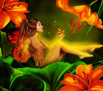 ~Among Orange Lilies~, colorful, digital art, butterfly, petals, female, wings, model, butterfly girl, weird things people wear, orange, backgrounds, creative pre-made, pollen, leaves, fantasy, manipulation, flowers, lilies, hair HD wallpaper