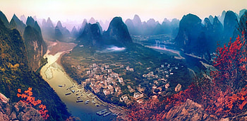 Karst Mountains At Sunset, river, China, town, beautiful, buildings, fog, magical, boats, autumn, mountains, forest, sunset HD wallpaper