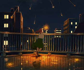 Girl art balcony, enjoying night, art HD wallpaper