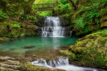 Sychryd Waterfall, Wales, bridge, wales, waterfall, nature HD wallpaper