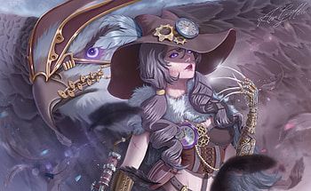 Steampunk witch, steampunk, bird, ann gillette, girl, witch, halloween, fantasy, luminos, pasari, hat HD wallpaper