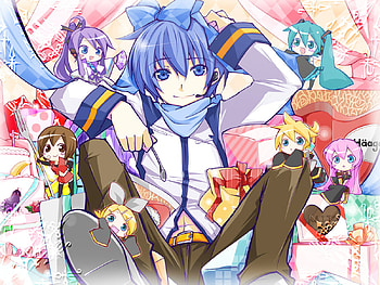 Vocaloid, luka, sweets, len, rin, blue hair, kaito, ice cream, miku, chibi, presents, anime, scarf, bow HD wallpaper