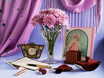Still life -letter, colored, vase, purple, still life, letter, brown, nature, flowers, clock, , pen HD wallpaper