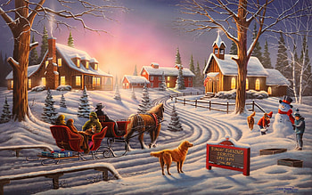 Evening Service, winter, sleigh, village, snow HD wallpaper